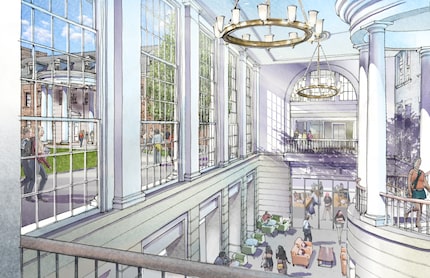 Artistic rendering in mixed mediums showing the interior of one of the new buildings in the...