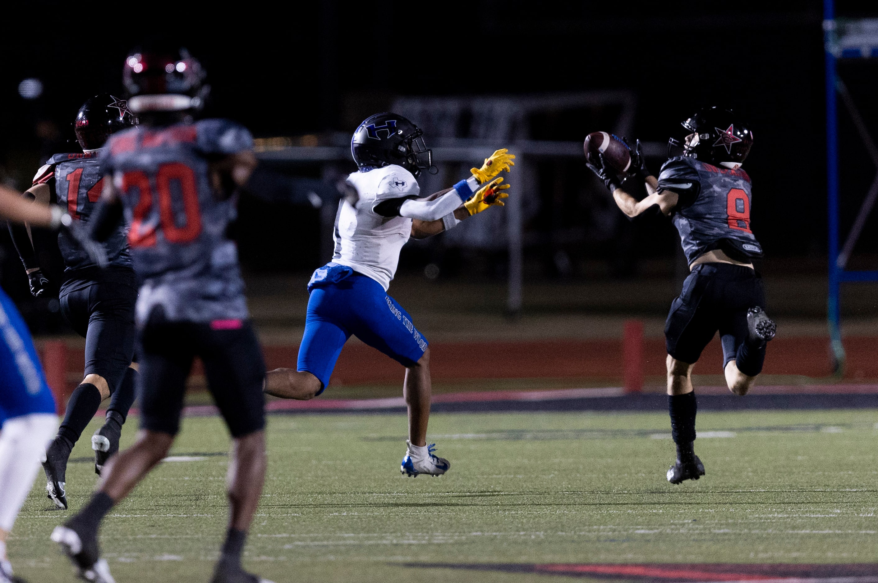 Coppell senior safety Matthew Williams (8) nearly intercepts a pass intended for Hebron...