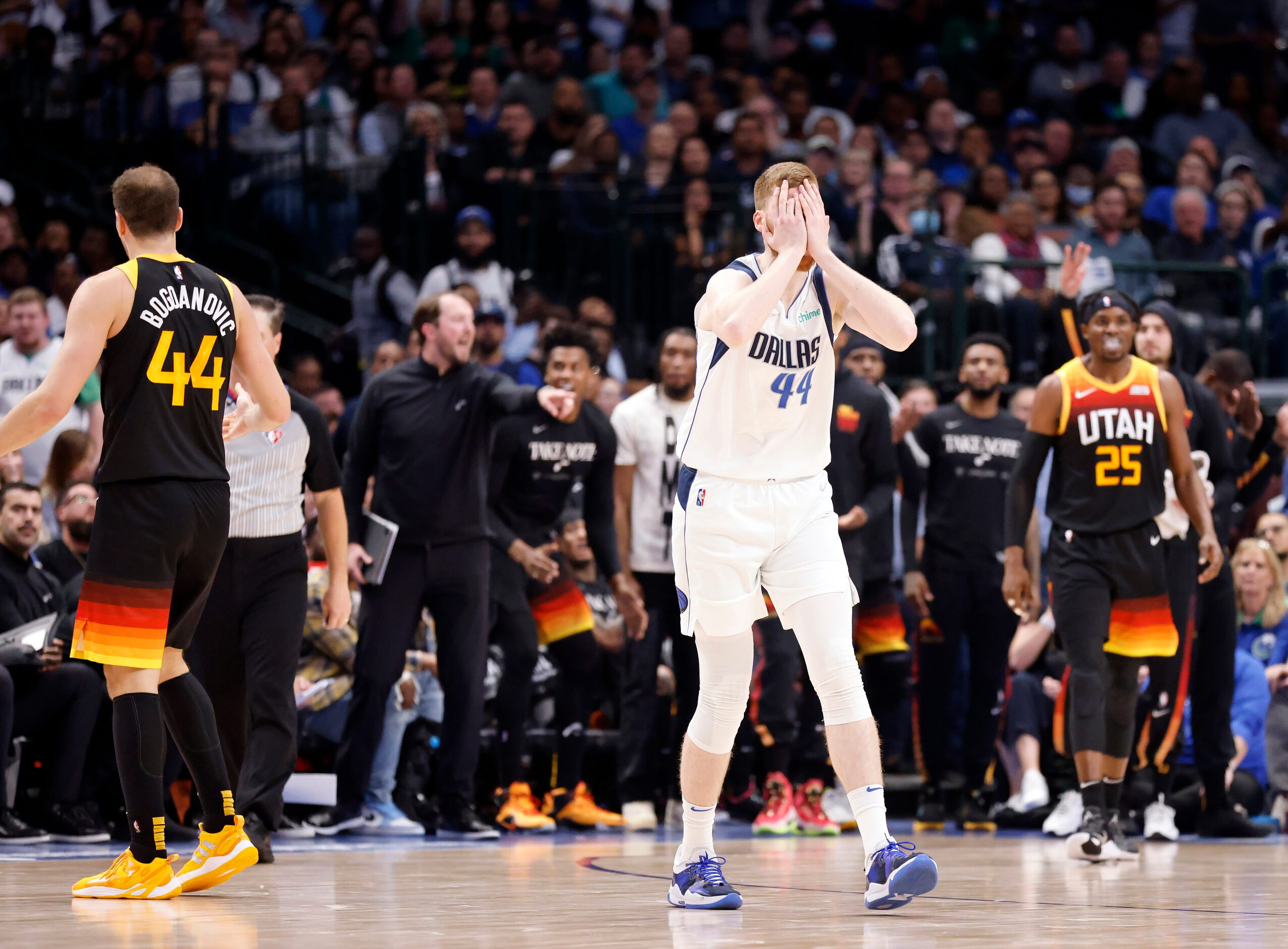 Dallas Mavericks forward Davis Bertans (44) reacts after fouling Utah Jazz forward Bojan...