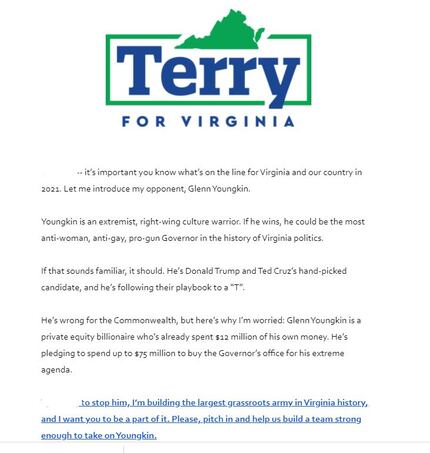 Fundraising email June 15, 2021, from Terry McAuliffe's campaign for Virginia governor,...