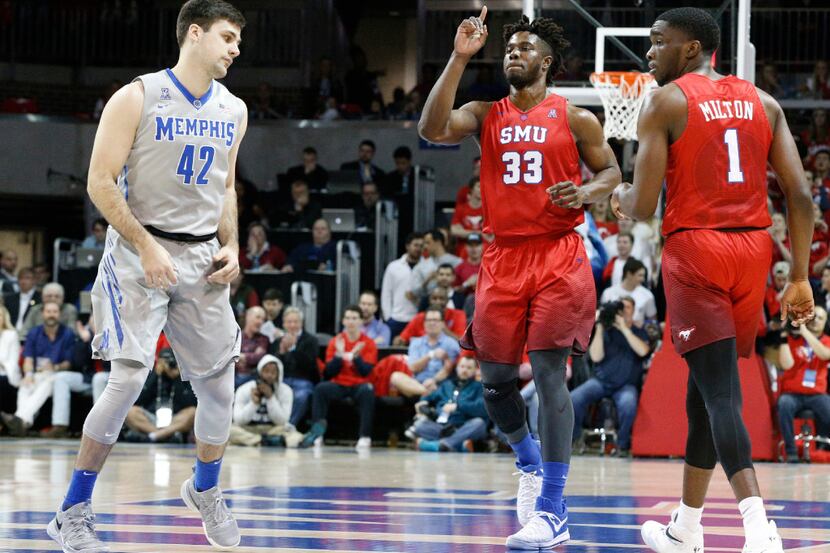 Southern Methodist Mustangs forward Semi Ojeleye (33) celebrates during the first half in...