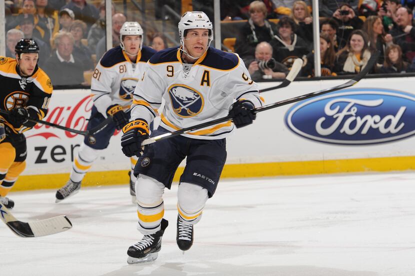 Derek Roy #9 of the Buffalo Sabres skates against the Boston Bruins at the TD Garden on...