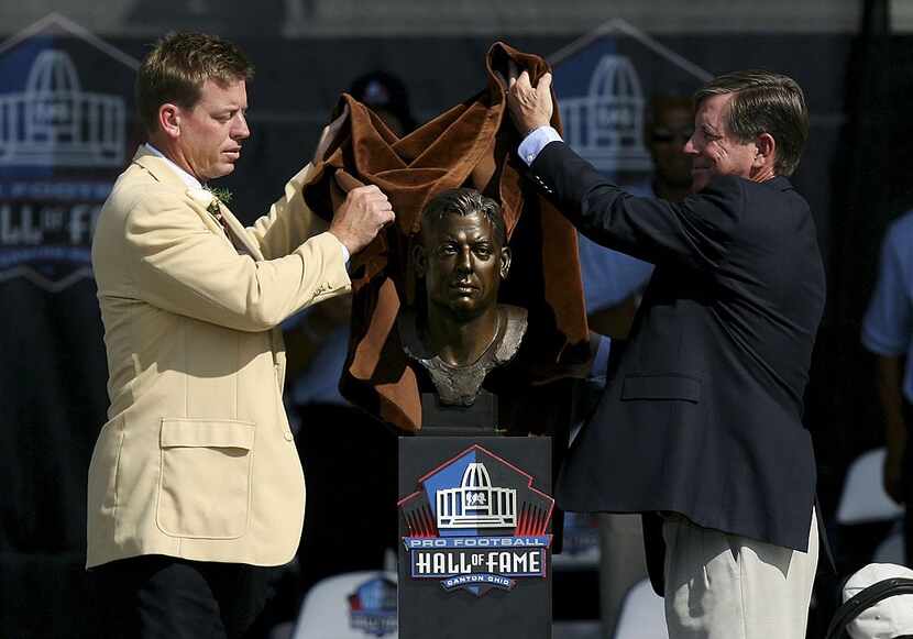 CANTON, OH - AUGUST 05:  Former quarterback Troy Aikman of the Dallas Cowboys and his...