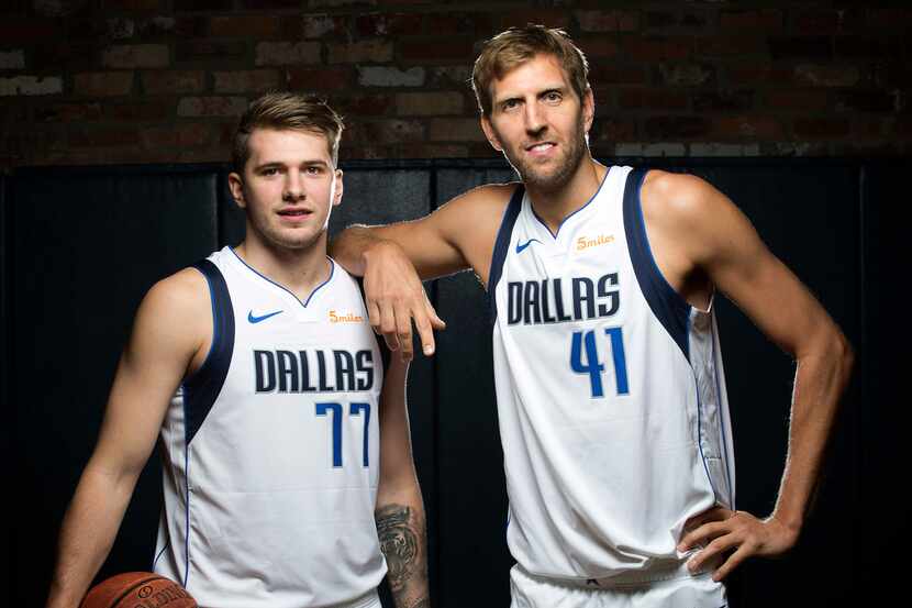 FILE - Dallas Mavericks Luka Doncic (left) and Dirk Nowitzki pose for a photo during Dallas...