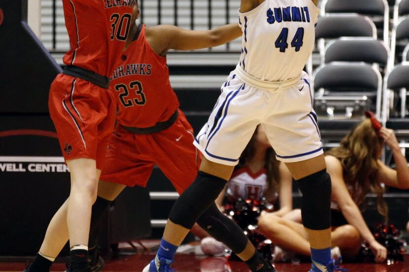(TXHSBK) Mansfield Summit's (44) and  Frisco Liberty's Kateyn Burtch (30) chase a loose ball...