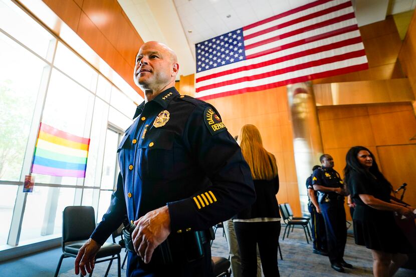 Dallas Police Chief Eddie Garcia departs a press conference on a law enforcement action...
