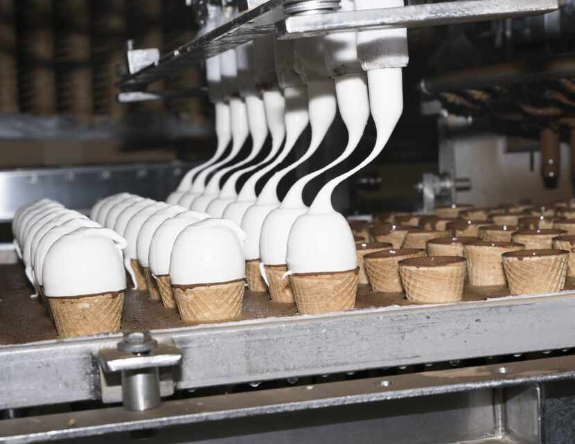 The Drumstick ice cream cone production line at the Nestle ice cream factory in Bakersfield,...
