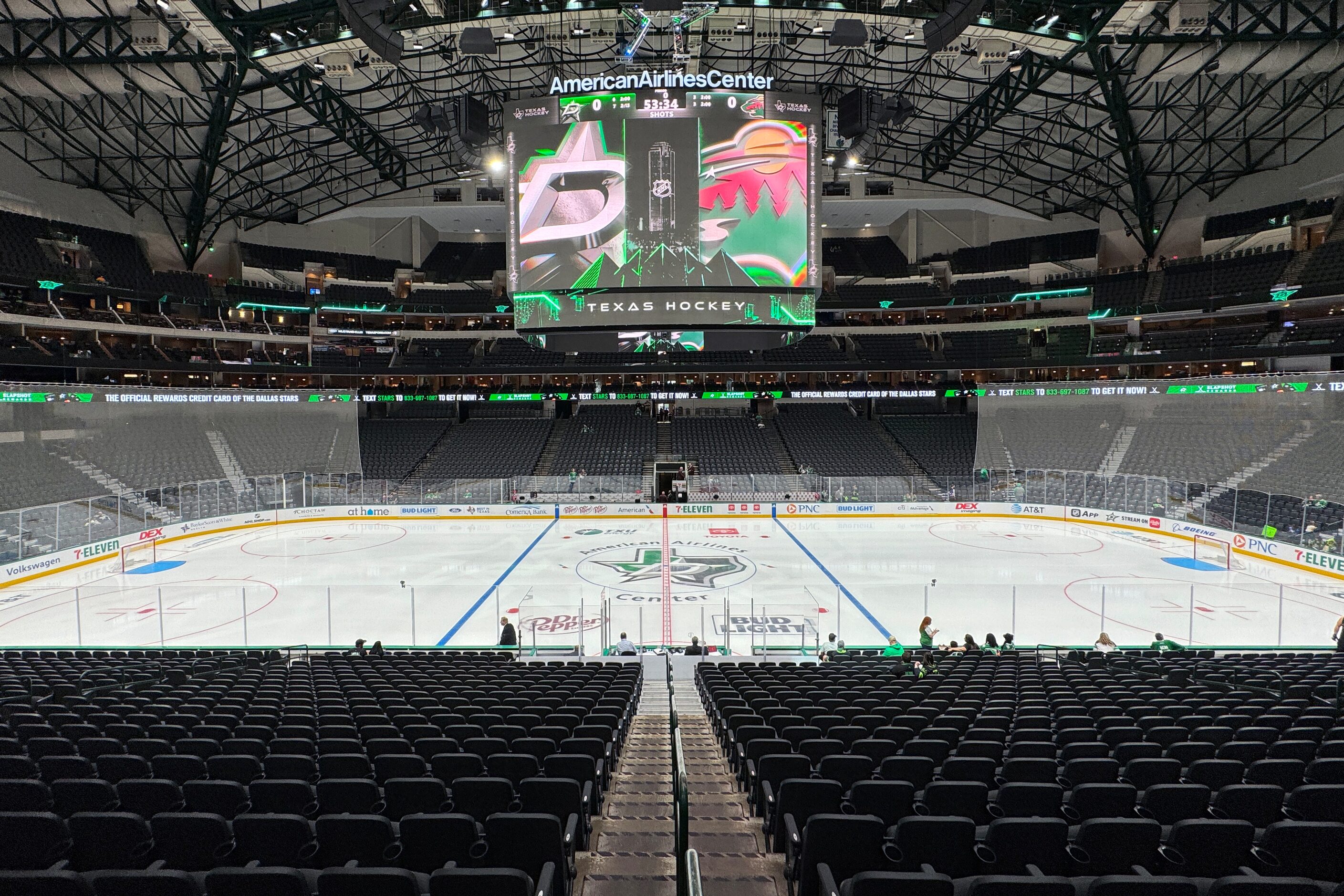 The new video board is seen at the American Airlines Center before an NHL preseason game,...