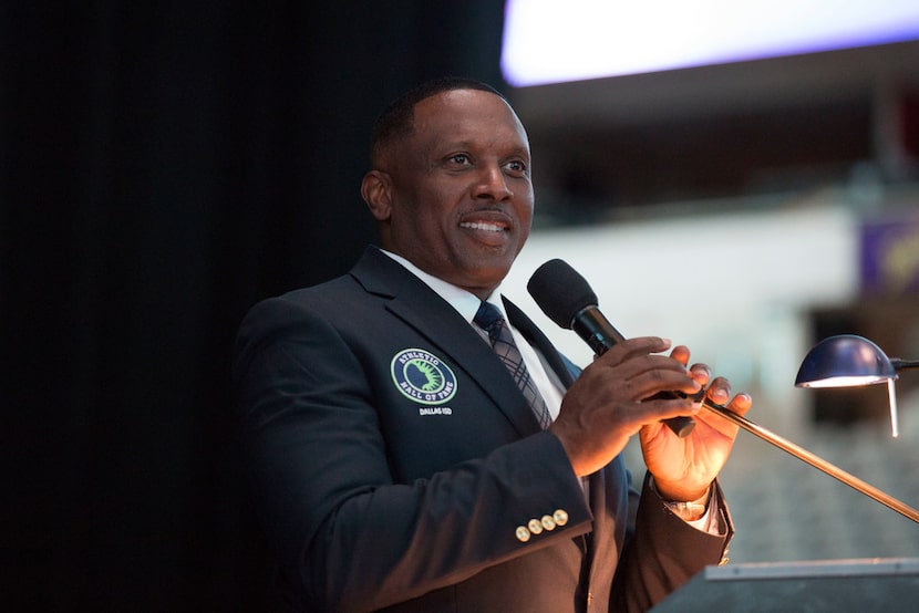 Pro Football Hall of Famer Tim Brown from Woodrow Wilson is inducted into the Dallas ISD...