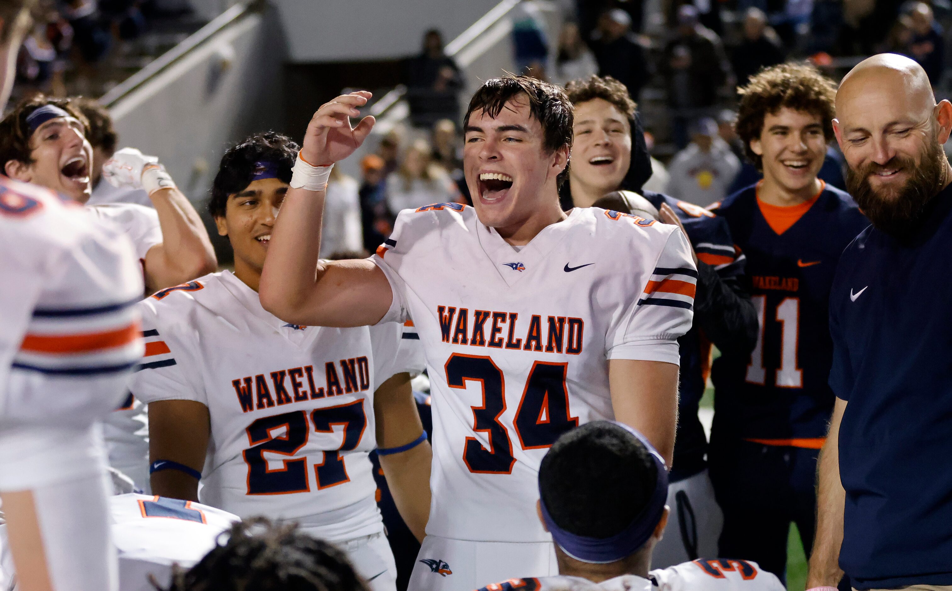 Frisco Wakeland’s Thomas Jelinek (34) leads the celebration with a speech to teammates...