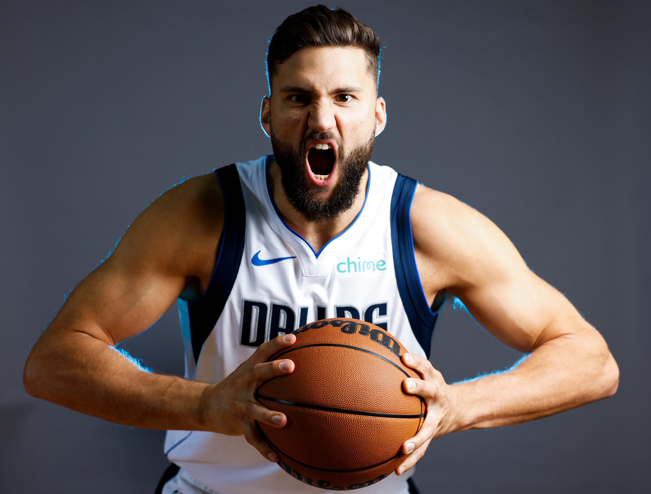 Dallas Mavericks’ Maxi Kleber poses for a photo during the media day on Friday, Sept. 29,...