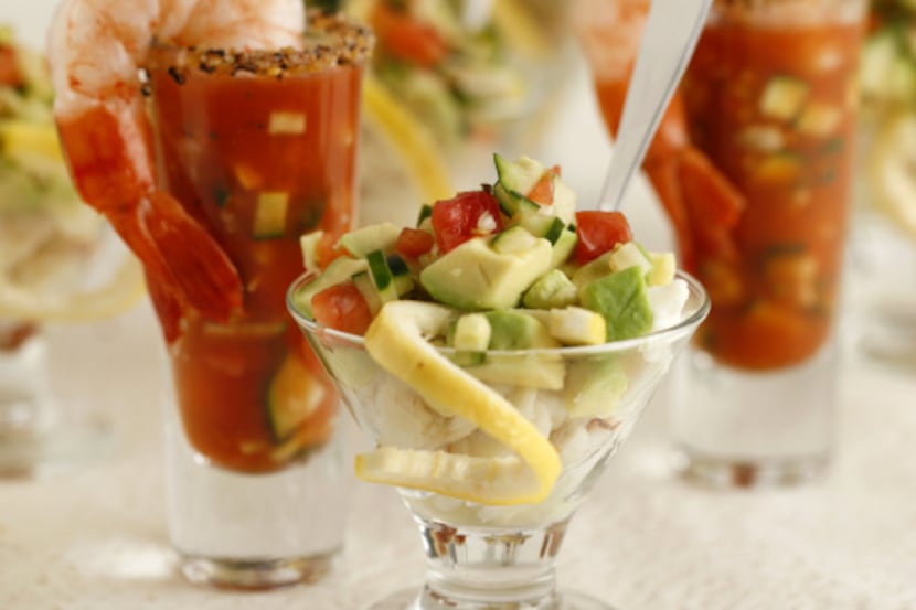 SHRIMP SHOOTERS or CRAB AND AVOCADO COCKTAILS: Fill a tall shot glass with Gazpacho, served...