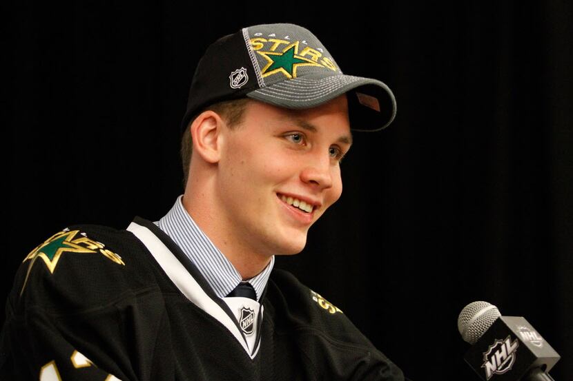 PITTSBURGH, PA - JUNE 22: Radek Faksa, 13th overall pick by the Dallas Stars, speaks to...