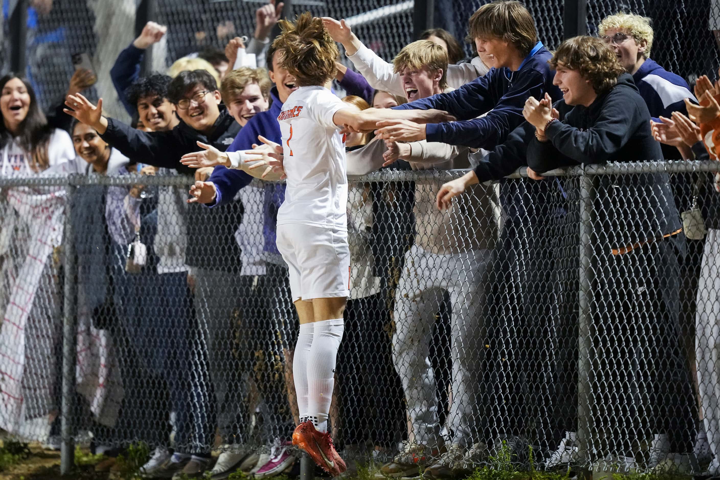 Frisco Wakeland’s Jack Minsky (1) celebrates with fans after scoring a goal during the...