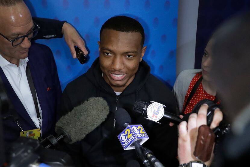 Wendell Carter, from Duke, speaks with the media at the NBA draft basketball combine Friday,...