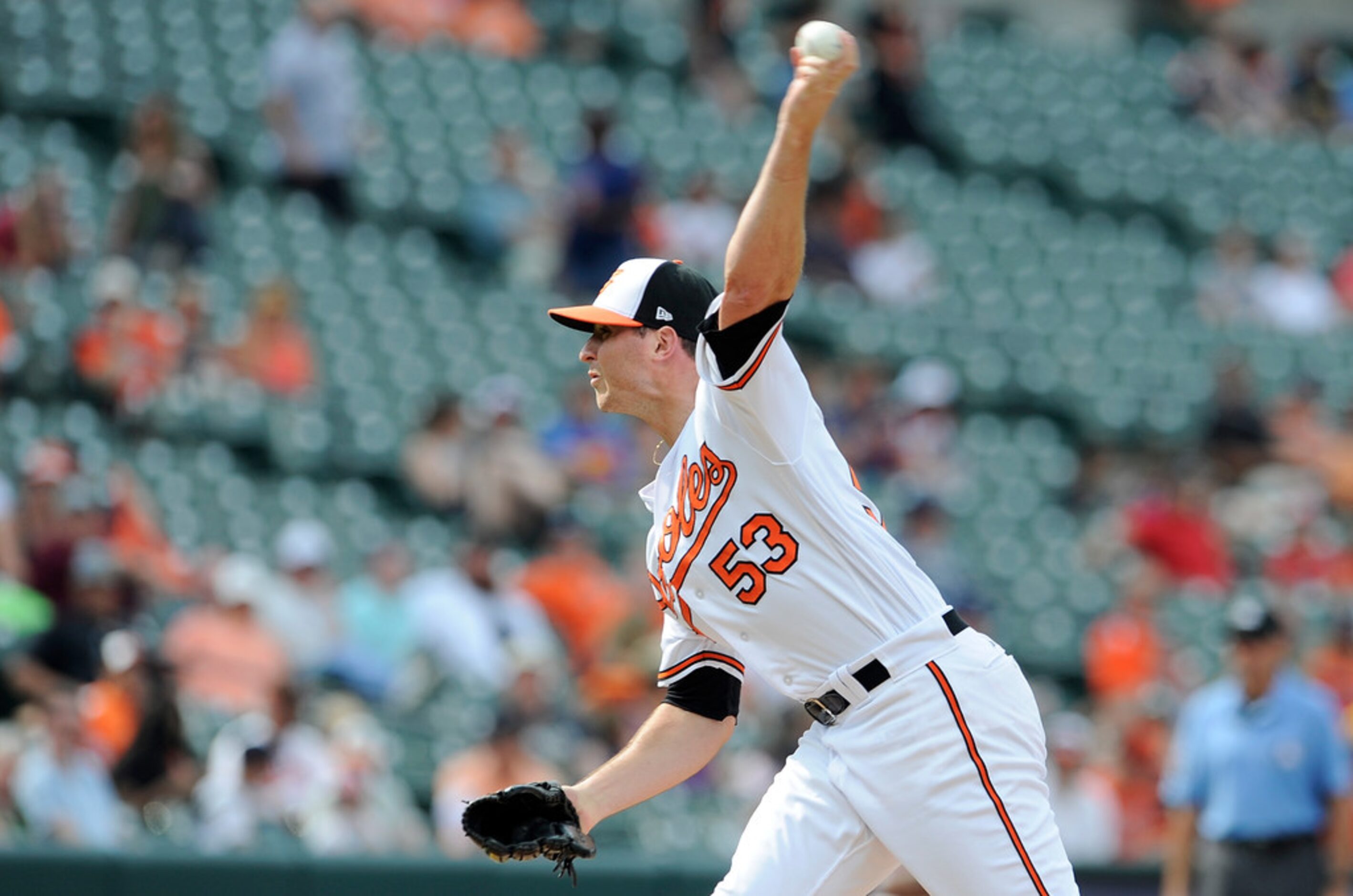 BALTIMORE, MD - JULY 15:  Zach Britton #53 of the Baltimore Orioles pitches in the ninth...