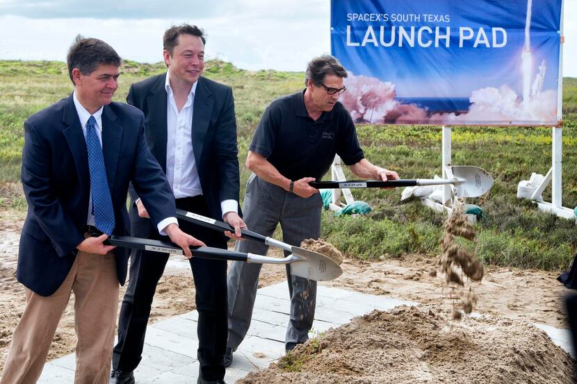 
U.S. Rep. Filemon Vela (left), SpaceX’s Elon Musk and Gov. Rick Perry broke ground last...