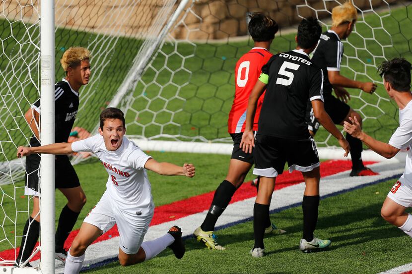 Wakeland's Jacob Miller (6) celebrates his goal against Wichita Falls during the UIL soccer...