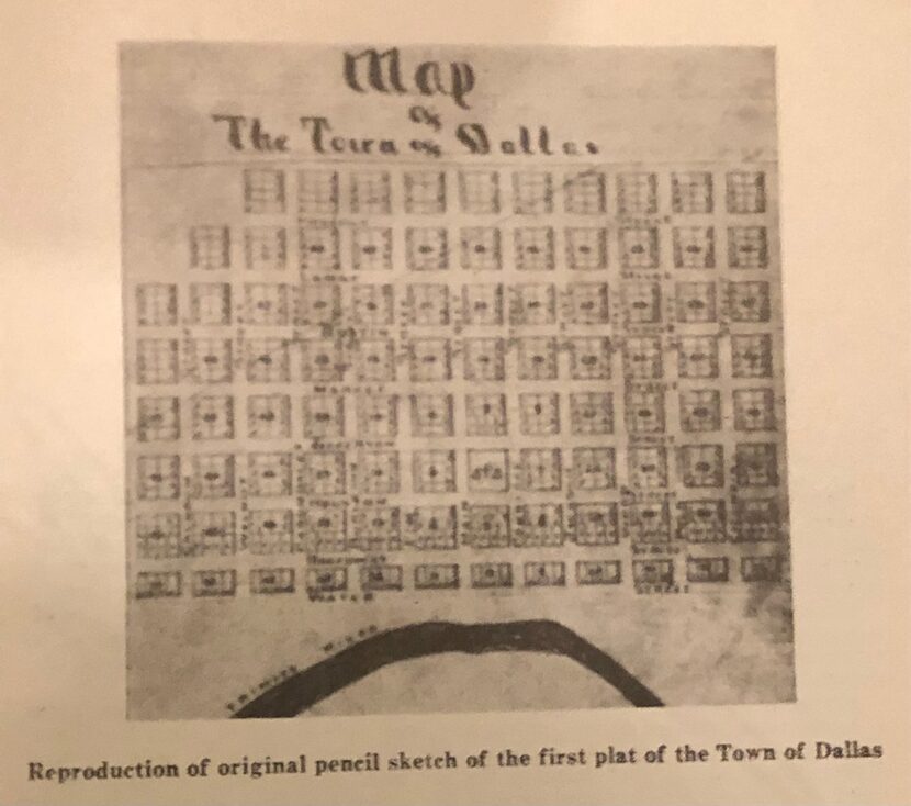 Reproduction of a pencil drawing by Dallas founder John Neely Bryan laying out the original...