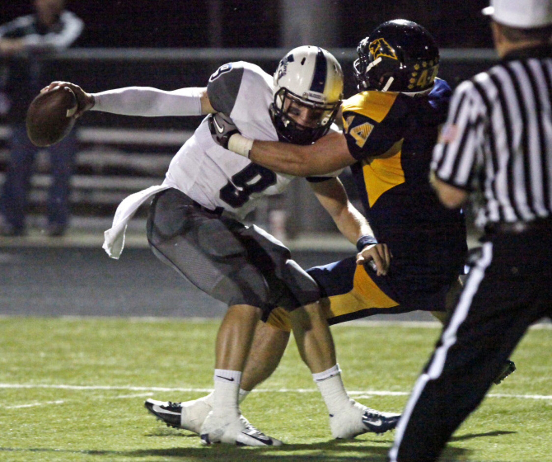 Prestonwood Christian Academy middle linebacker Mike Mitchell (44) runs down and pulls to...