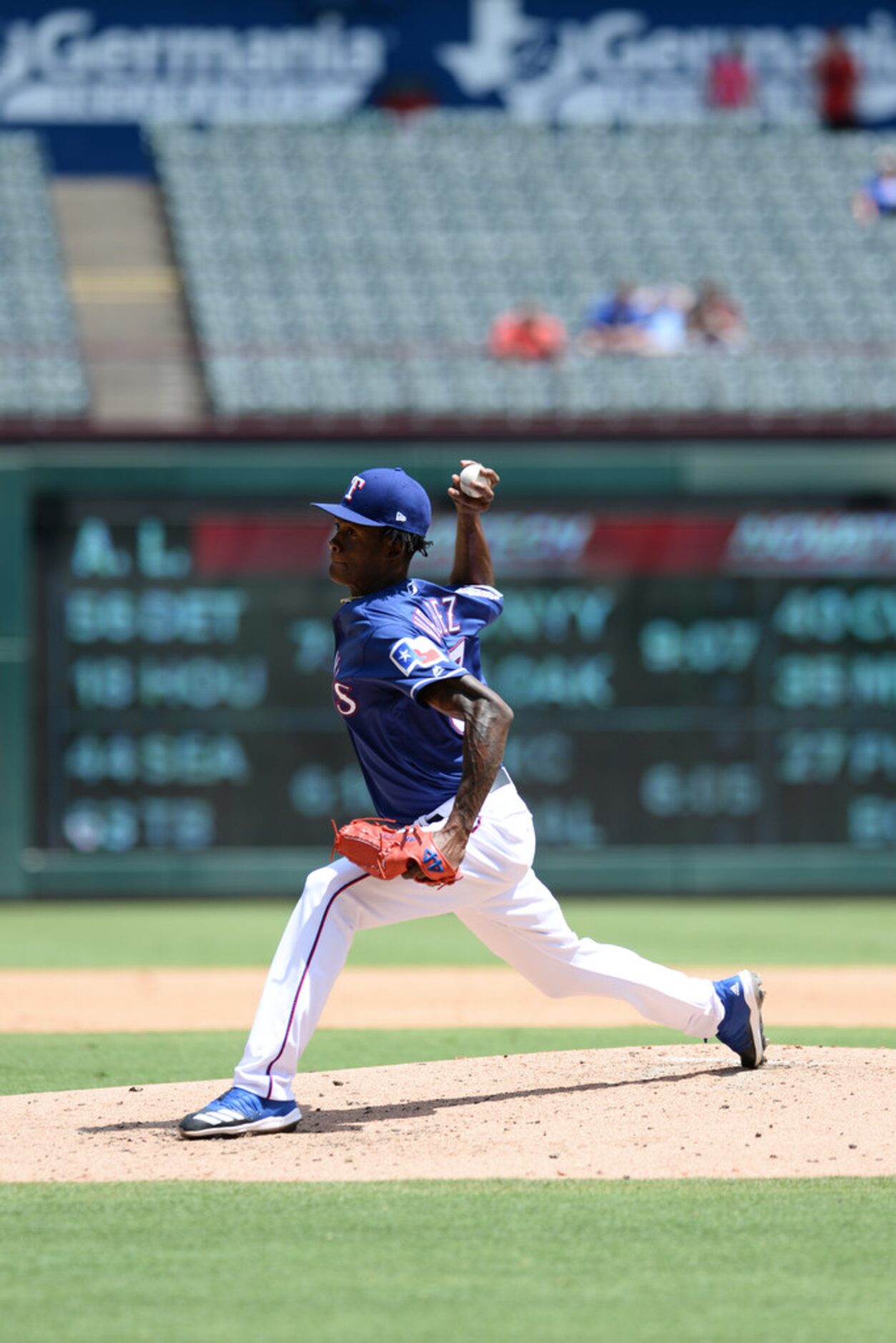 ARLINGTON, TEXAS - AUGUST 20: Phillips Valdez #67 of the Texas Rangers pitches against the...