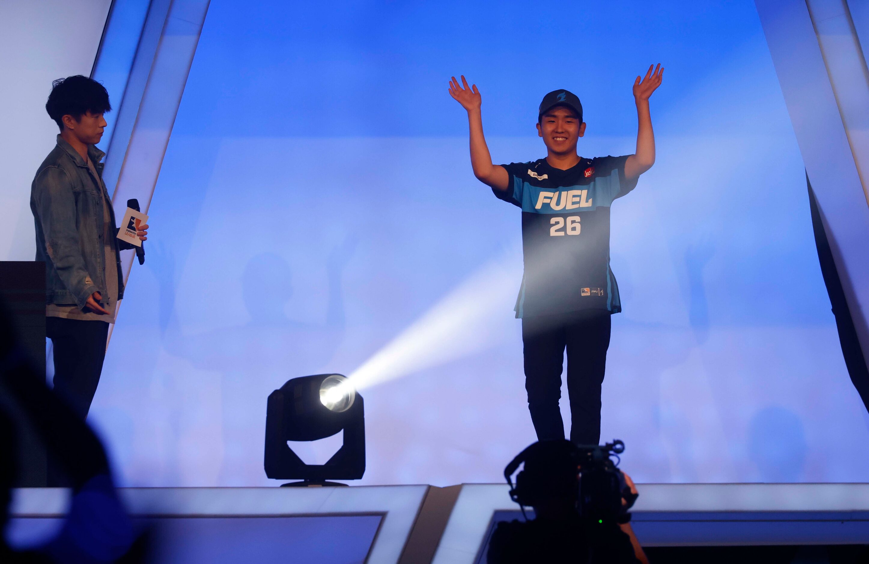 Dallas Fuel’s Kang “guriyo” Min-seo walks on the stage ahead as they take on against Toronto...