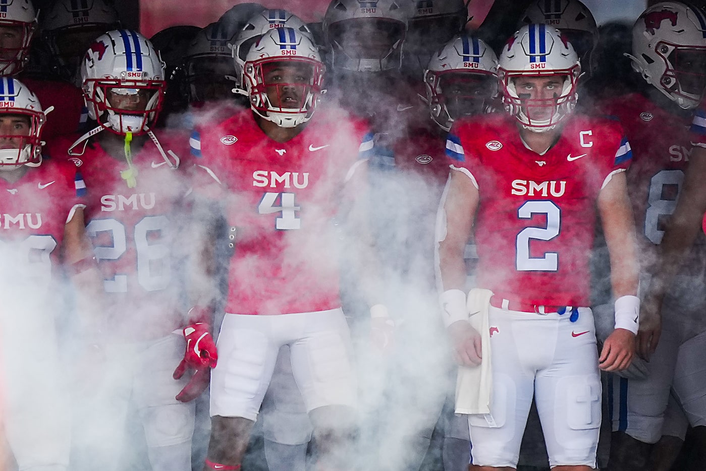 SMU quarterback Preston Stone (2) prepares to take the field for an NCAA football game...