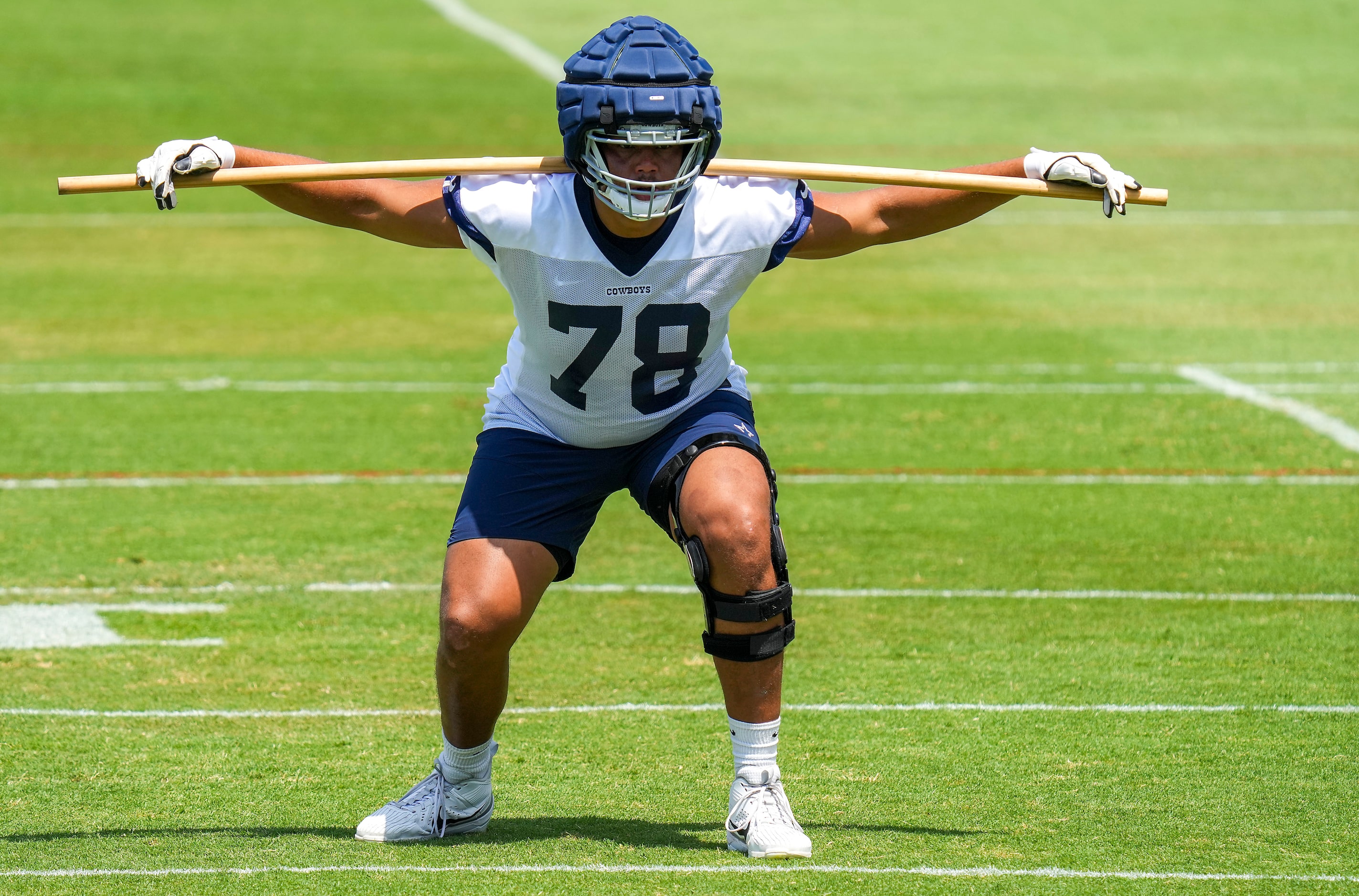 Dallas Cowboys offensive lineman Terence Steele participates in a drill during a training...