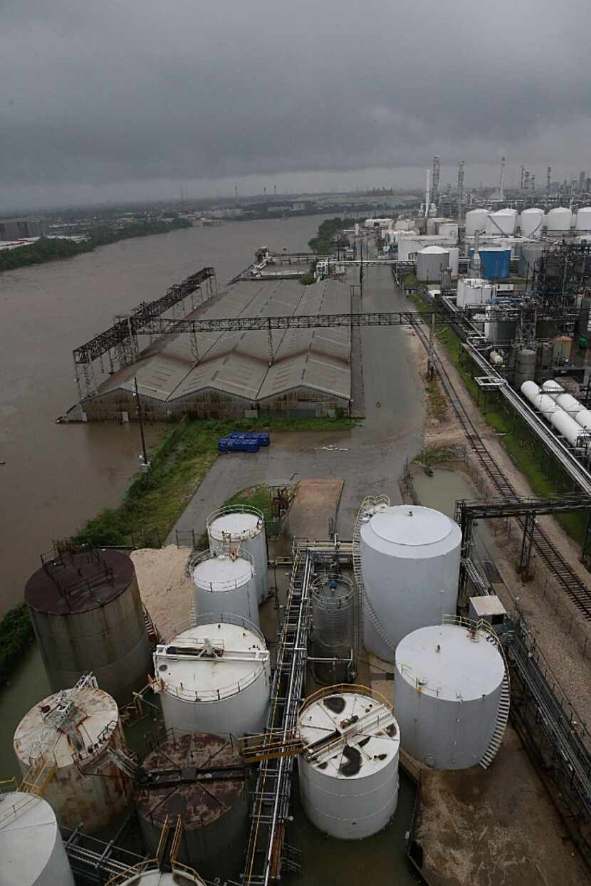 Floodwaters rise in the refinery section of the Houston Ship Channel.