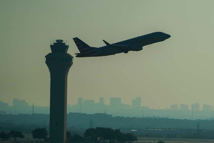 An American Eagle plane takes off at DFW International Airport in September.
