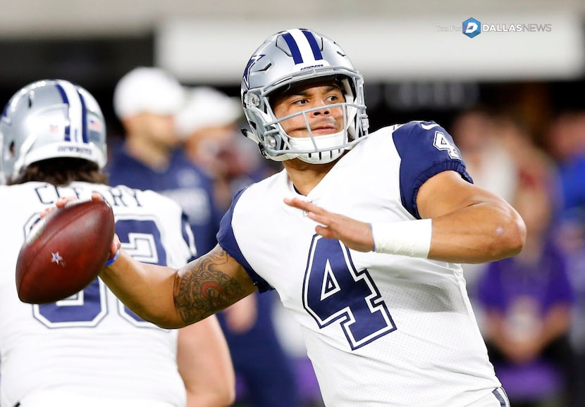 Dallas Cowboys quarterback Dak Prescott (4) throws during pregame wamups before facing the...