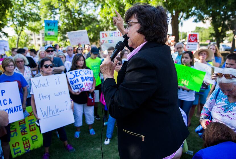 Former Dallas sheriff and Democratic candidate for governor Lupe Valdez, right, speaks as...