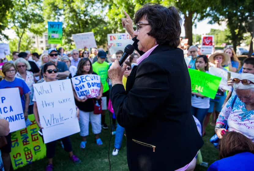 Former Dallas sheriff and Democratic candidate for governor Lupe Valdez, right, speaks as...