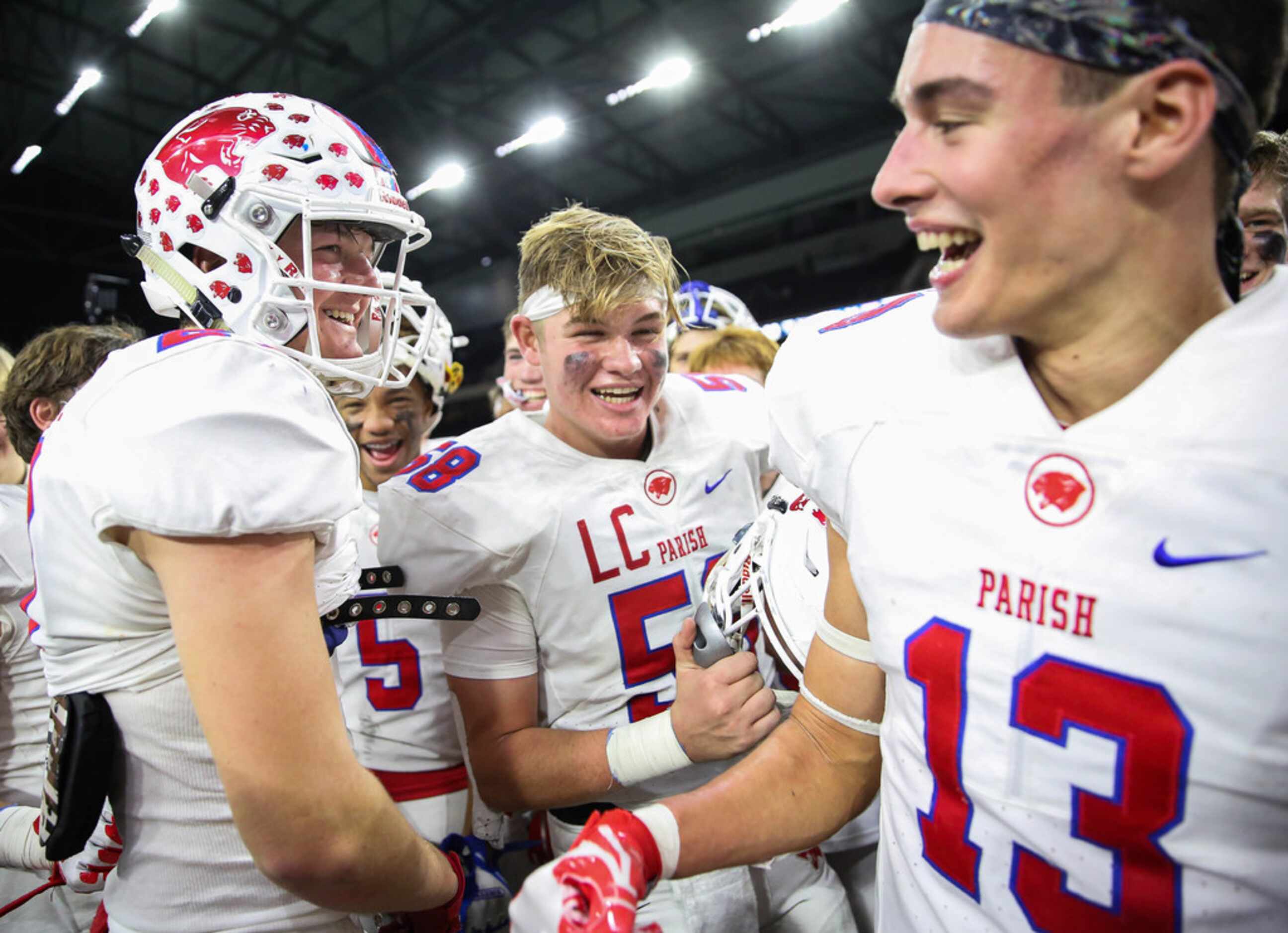 The Parish Episcopal Panthers celebrate after winning a TAPPS Division I state semifinal...
