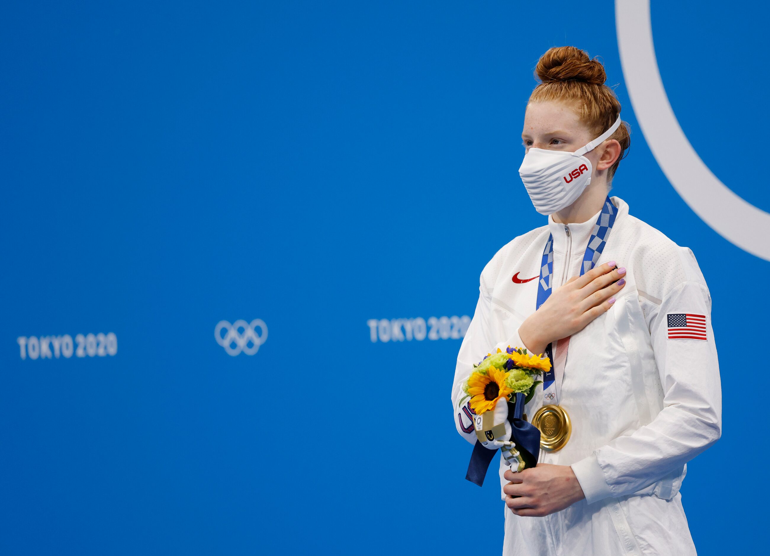 USA’s Lydia Jacoby as the national anthem is played  during the medal ceremony for the...