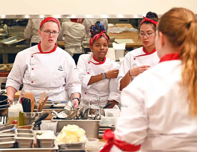 Denton chef Megan Gill, on left, competes against Keanu Hogan, center, and Brynn Gibson on...