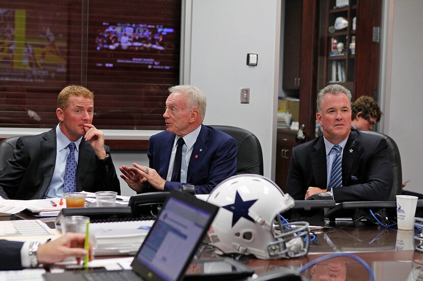 28 April 2011:  Coach Jason Garrett, Jerry Jones and Stephen Jones of the Dallas Cowboys...