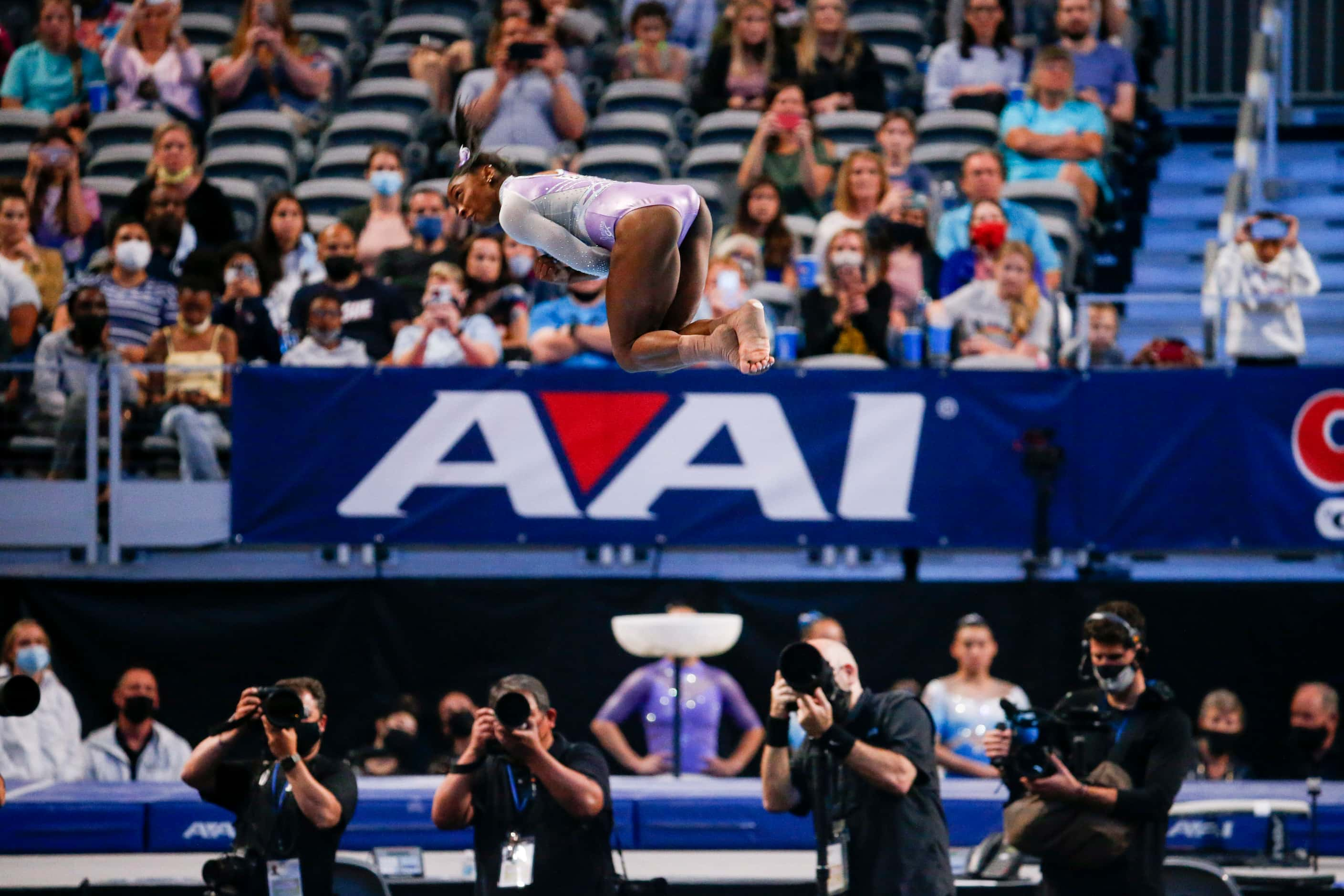 Simone Biles performs on the floor during day 1 of the senior women's US gymnastics...