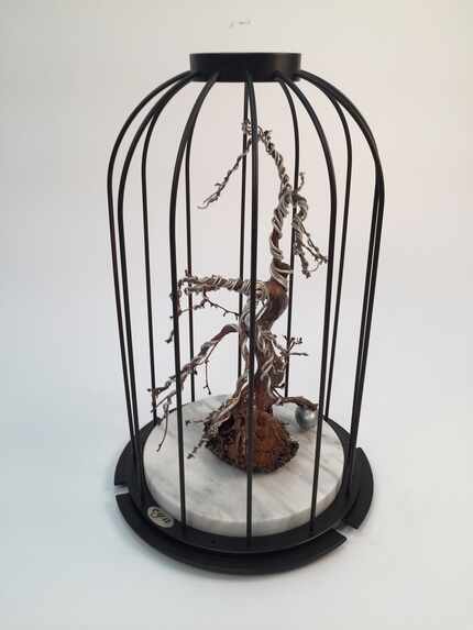 A sculpture of a cage and small tree in it, by artist Elizabeth Akamatsu.