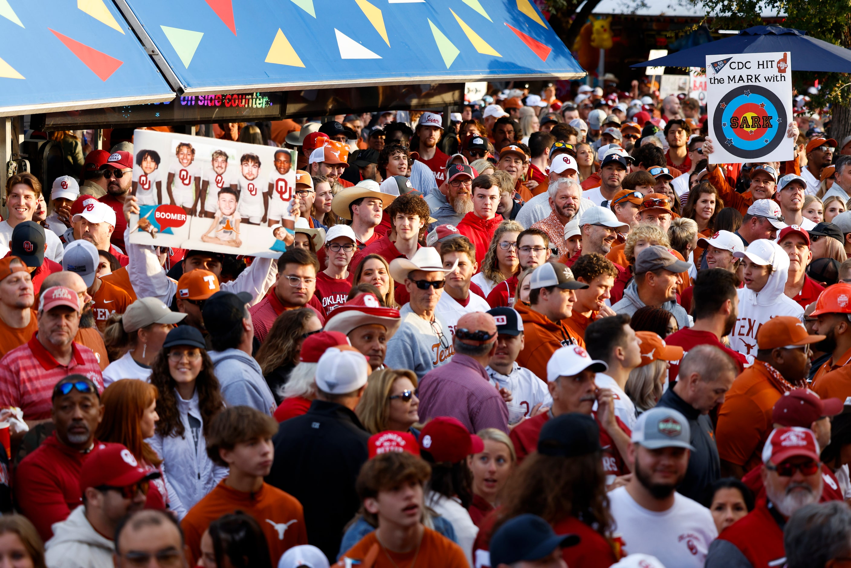 Fans gather ahead of the Red River Showdown outside of the Cotton Bowl for ESPN Game Day, on...