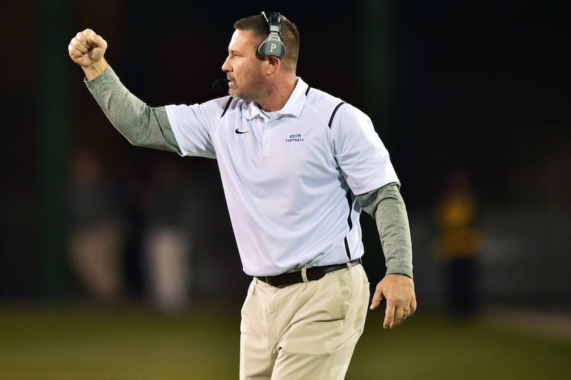 Krum head coach Gary Robinson reacts after the bobcats recover the ball against Celina, in a...