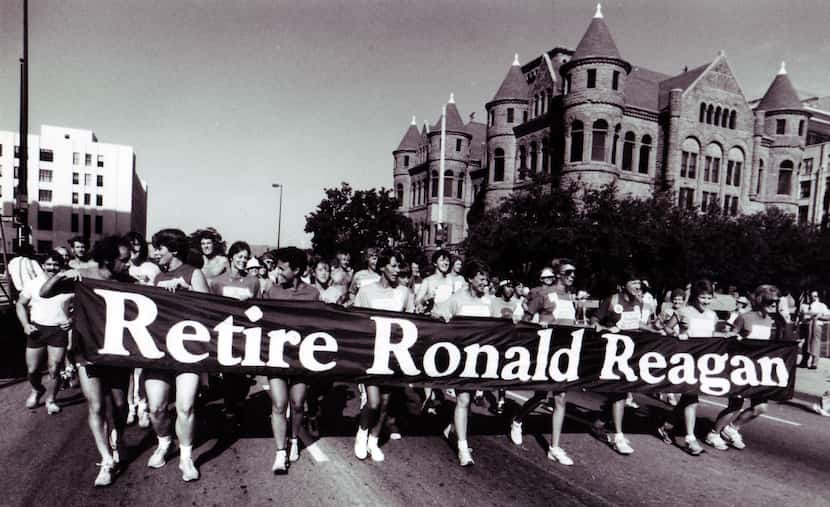 Members of "Women Running Against Reagan" ran through Dealey Plaza on Aug. 18, 1984, two...