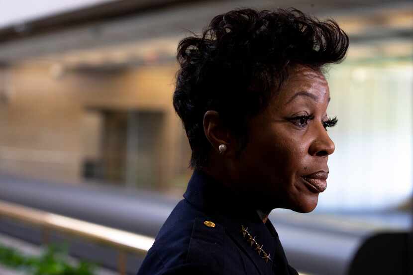 Dallas Police Chief U. Renee Hall gives remarks to members of the media following her Public...