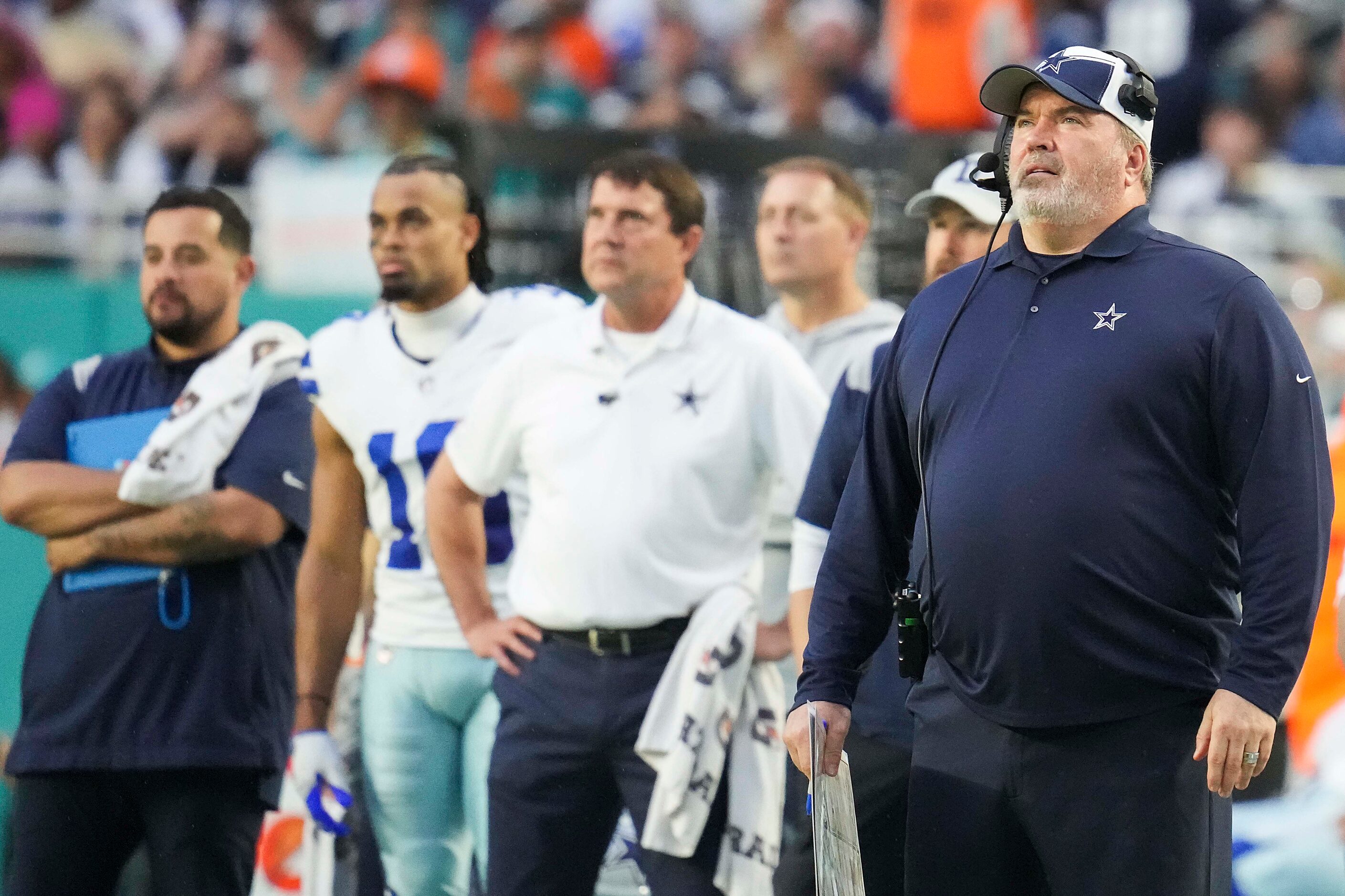 Dallas Cowboys head coach Mike McCarthy looks on from the sidelines during the first half of...