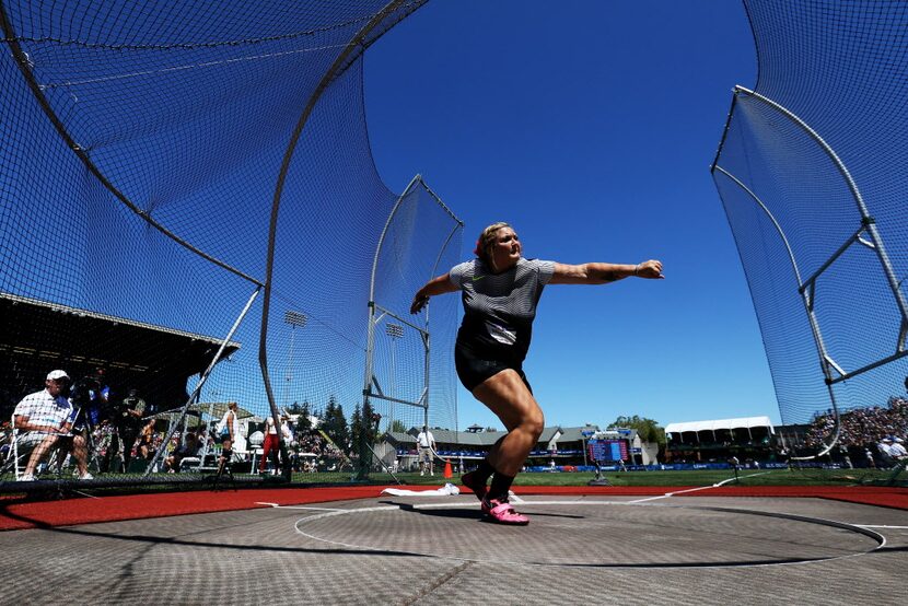 EUGENE, OR - JULY 02:  Shelbi Vaughan throws during the Women's Discus Throw Final during...