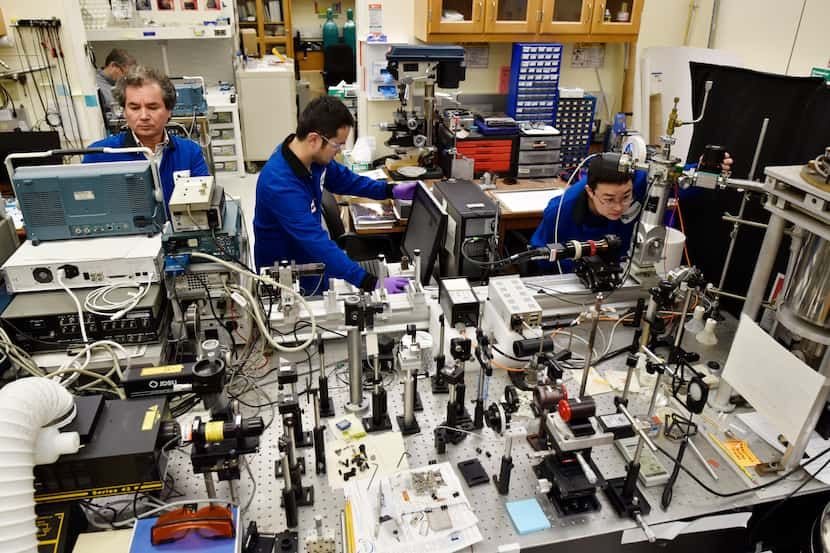 From left: Research professor Ali Aliev, research scientist Jiuke Mu and graduate student...