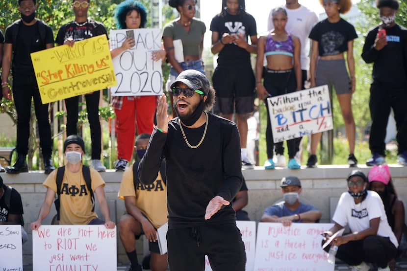 Jibri Burgess speaks to protestors during a march in Arlington, Texas on Tuesday, June 2,...