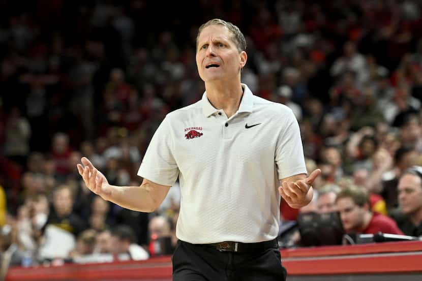 Arkansas coach Eric Musselman reacted to a call against Missouri during the second half of...