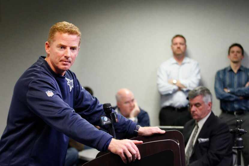 Dallas Cowboys coach Jason Garrett speaks to the media during the press conference at the...