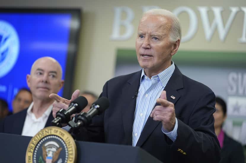 President Joe Biden delivers remarks during a visit to the southern border, Thursday, Feb....